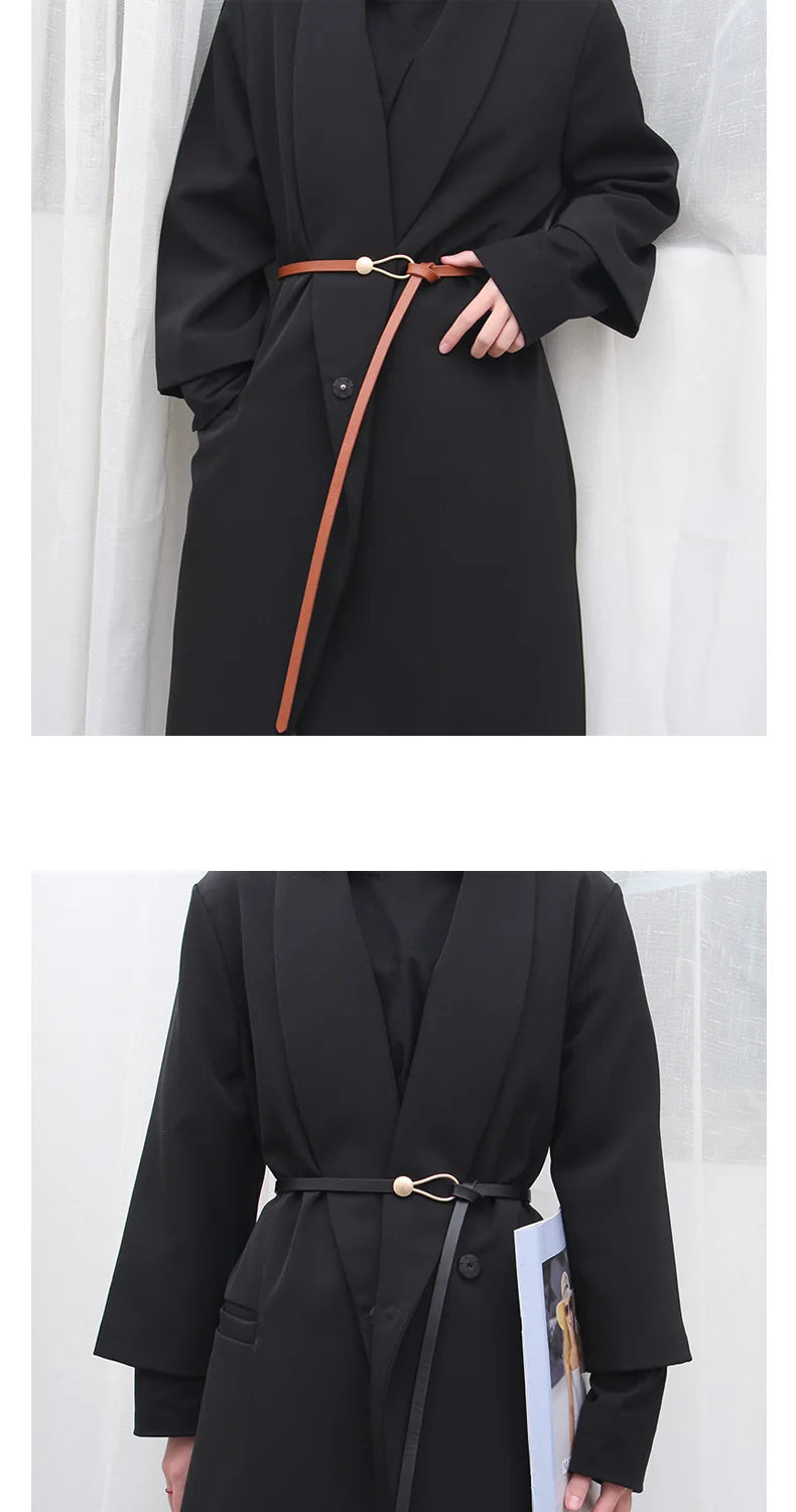 Women's leather belt with a stylish and versatile metal buckle, ideal for pairing with dresses, coats, and sweaters