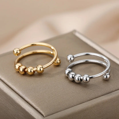 Adjustable Anti-Stress Ring for Women – Open Design with Spinning Beads, 18k Gold-Plated Stainless Steel