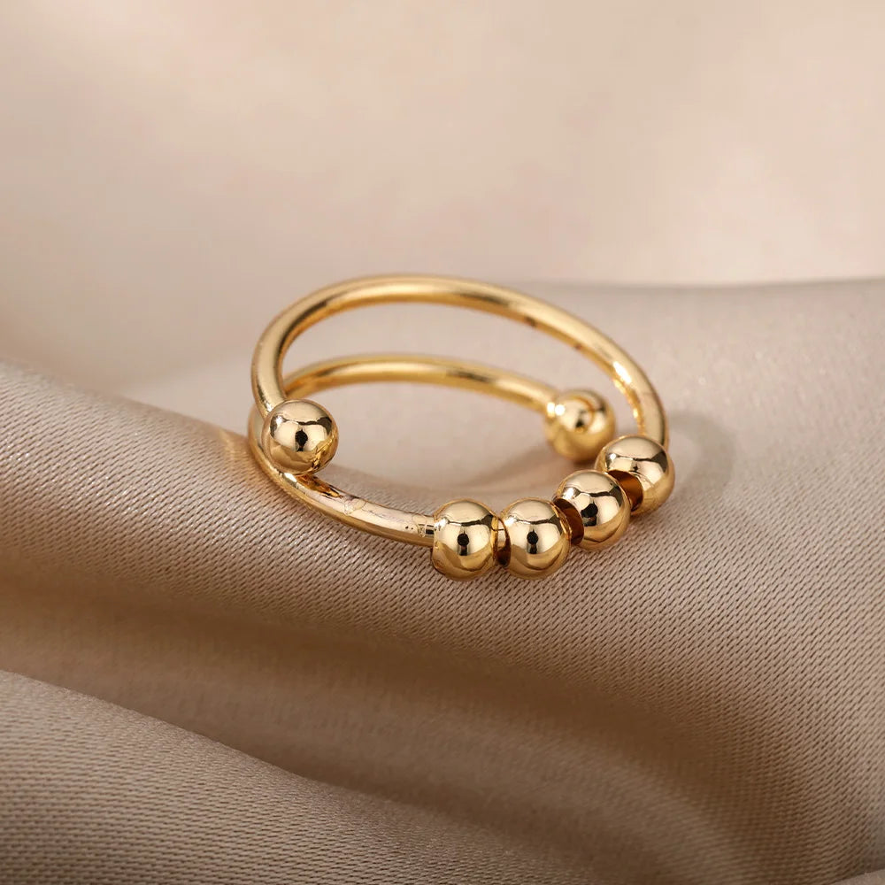 Adjustable Anti-Stress Ring for Women – Open Design with Spinning Beads, 18k Gold-Plated Stainless Steel