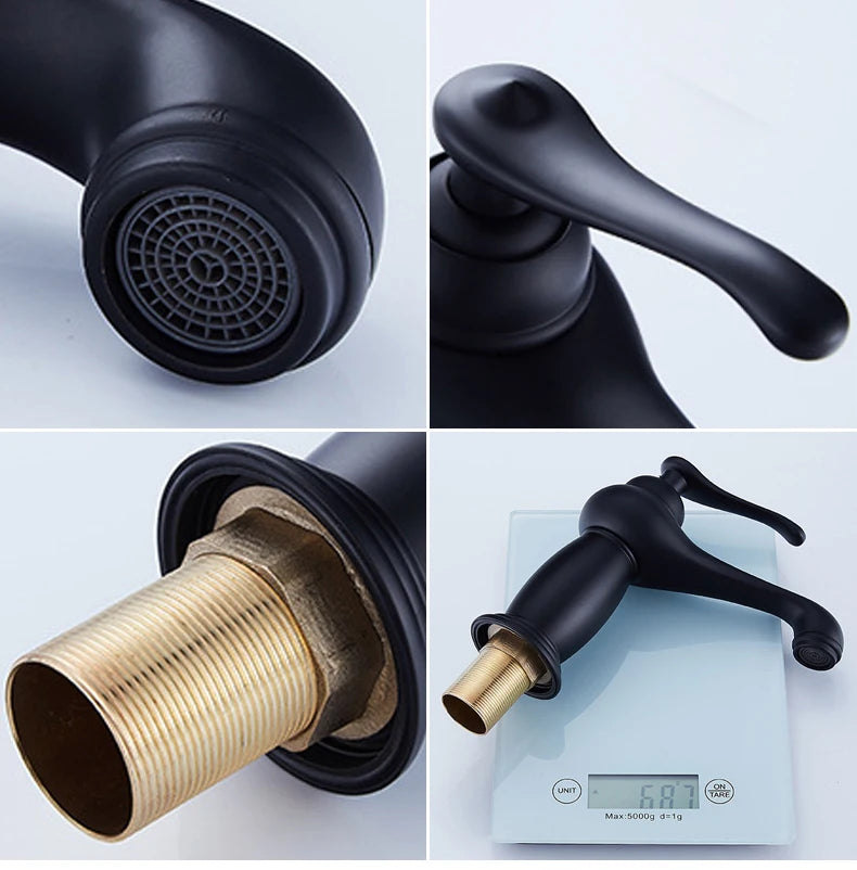 Bathroom faucet with antique bronze finish, made of solid brass, for washbasin, with single lever and water mixer