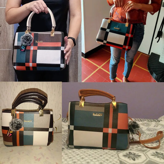 Women's Casual Bag with Stitching Details, Plaid Print, and Shoulder Strap – Crossbody/Tote Style