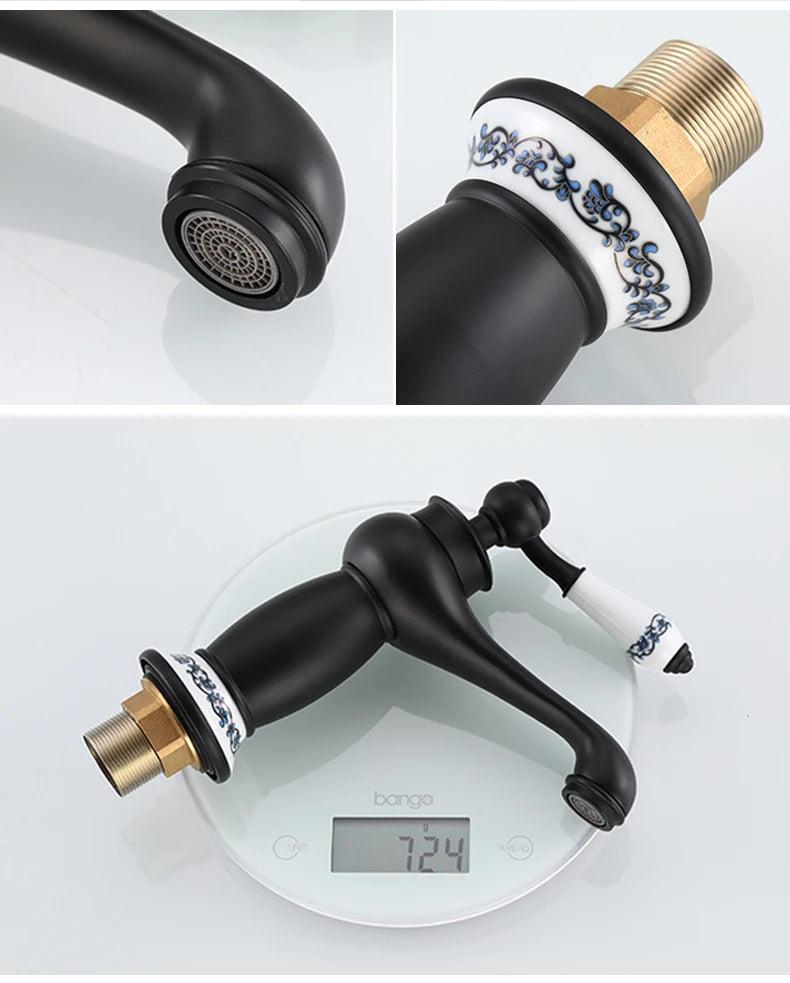 Bathroom faucet with antique bronze finish, made of solid brass, for washbasin, with single lever and water mixer