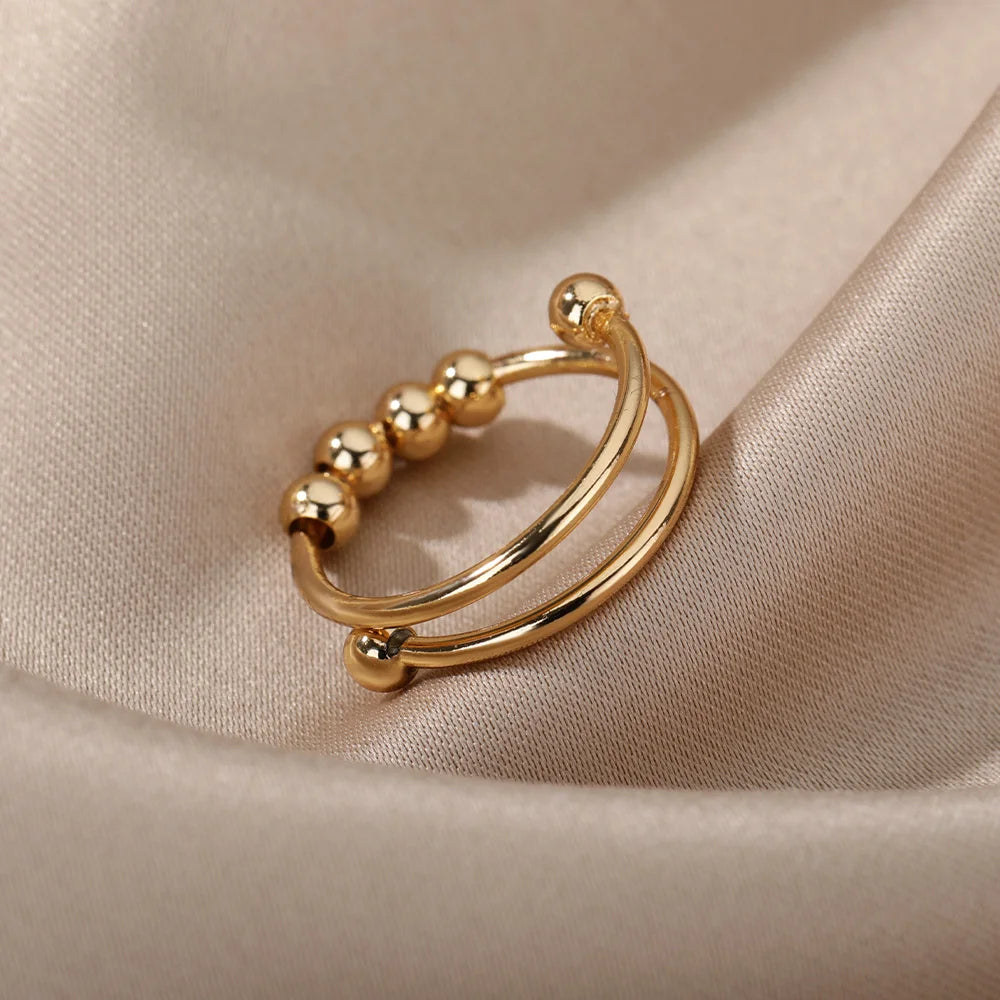 Adjustable Anti-Stress Ring for Women – Open Design with Spinning Beads, 18k Gold-Plated Stainless Steel