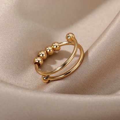 Adjustable Anti-Stress Ring for Women – Open Design with Spinning Beads, 18k Gold-Plated Stainless Steel