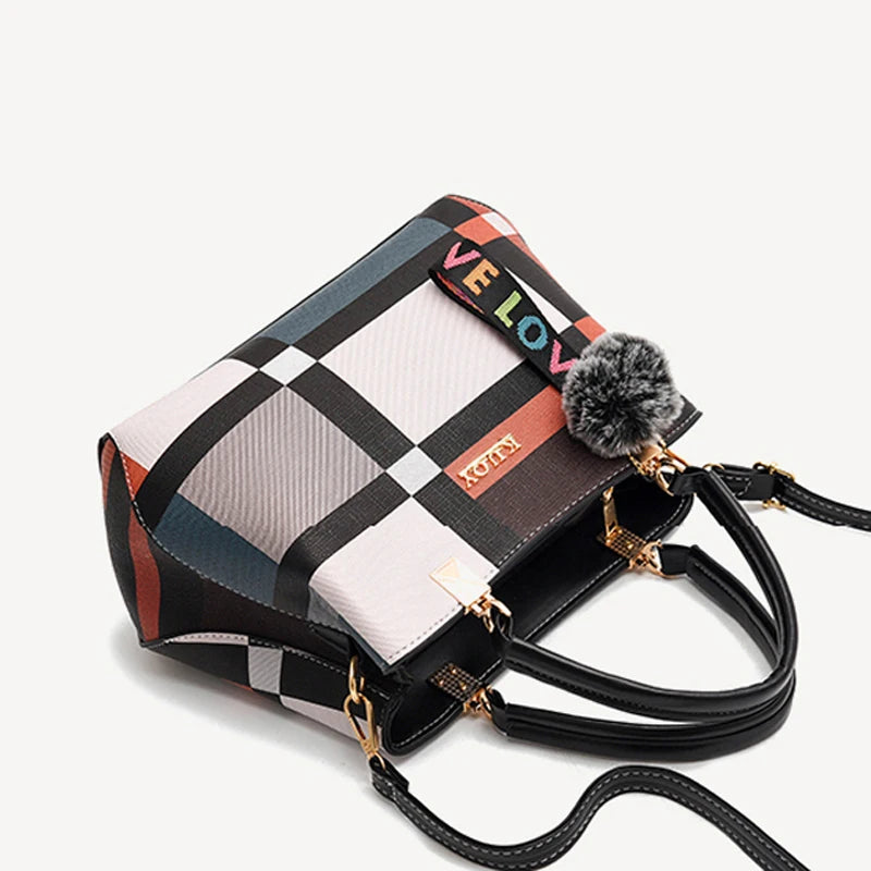 Women's Casual Bag with Stitching Details, Plaid Print, and Shoulder Strap – Crossbody/Tote Style
