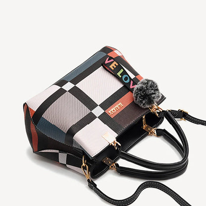 Women's Casual Bag with Stitching Details, Plaid Print, and Shoulder Strap – Crossbody/Tote Style