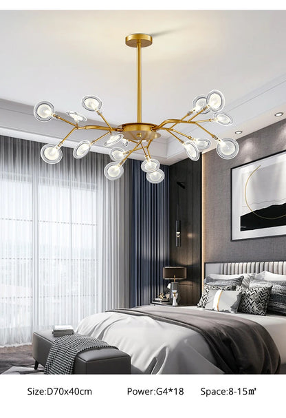Modern and stunning Nordic-style LED ceiling light with 54 gold G9 bulbs, ideal for living rooms and bedrooms. Luxurious interior decoration