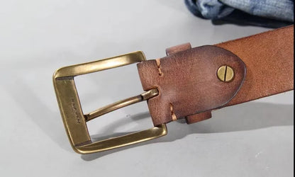 Vintage luxury men's belt, handmade from cowhide leather with a copper buckle, Cinturon Gotico model, versatile for wearing with jeans and other casual outfits