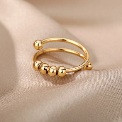 Adjustable Anti-Stress Ring for Women – Open Design with Spinning Beads, 18k Gold-Plated Stainless Steel