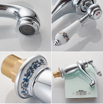 Bathroom faucet with antique bronze finish, made of solid brass, for washbasin, with single lever and water mixer