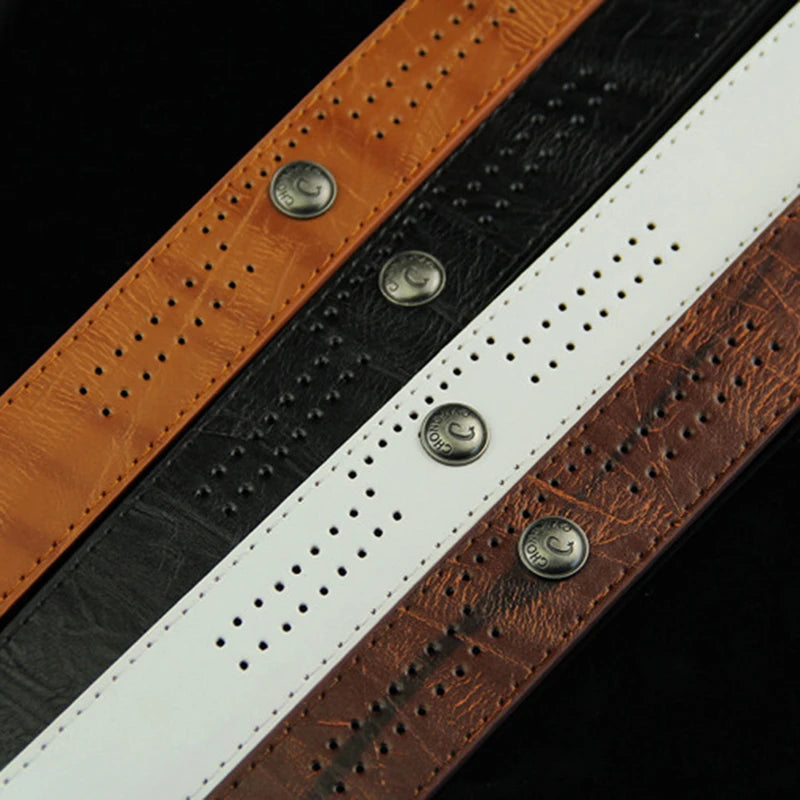 High-quality, casual and modern men's leather belt, wide with hollow rivets