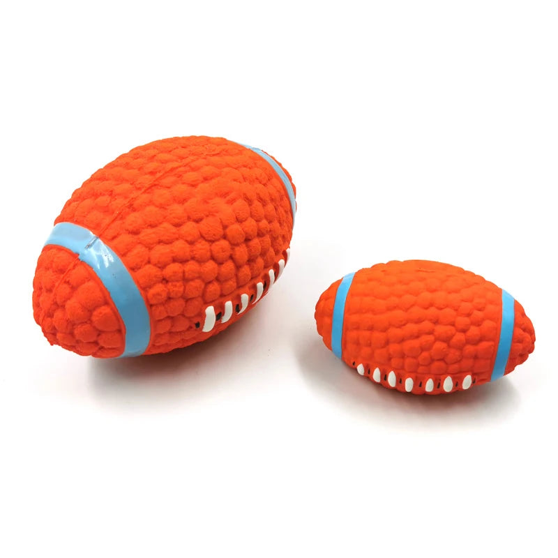 Soft latex ball with a squeaker for small and large dogs. Shaped like a game ball such as rugby, tennis, volleyball, soccer, and basketball. Engages your pet in play and helps clean their teeth