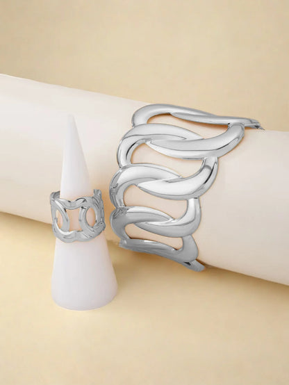 Bracelet and ring set with a geometric design of intertwined and sinuous links, with an adjustable opening