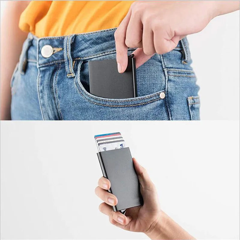 Slim and minimalist metal RFID card holder for men and women