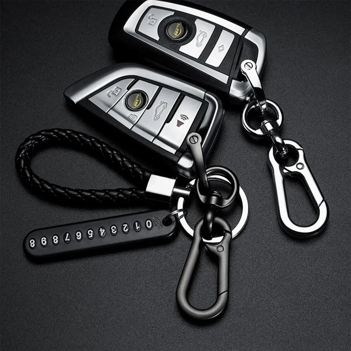 Modern DIY cell phone plate pendant keychain for men, made of braided leather cord, anti-loss accessory for car keys