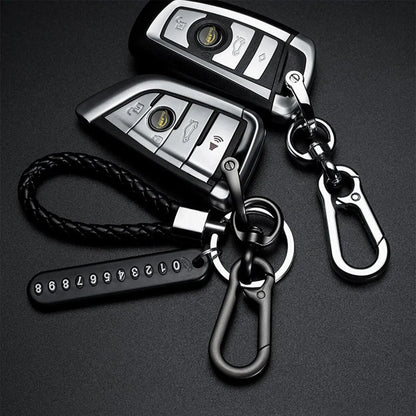 Modern DIY cell phone plate pendant keychain for men, made of braided leather cord, anti-loss accessory for car keys
