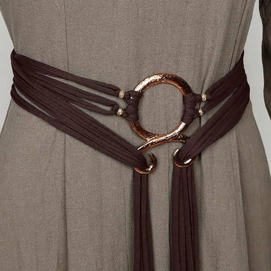 Vintage women's long belt with rope knot, irregular metal buckle, multiple ways to wear, ideal for cinching dresses and shaping the waist