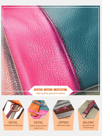 Women's Genuine Leather Backpack – Stylish, Spacious, and Featuring a Patchwork Design