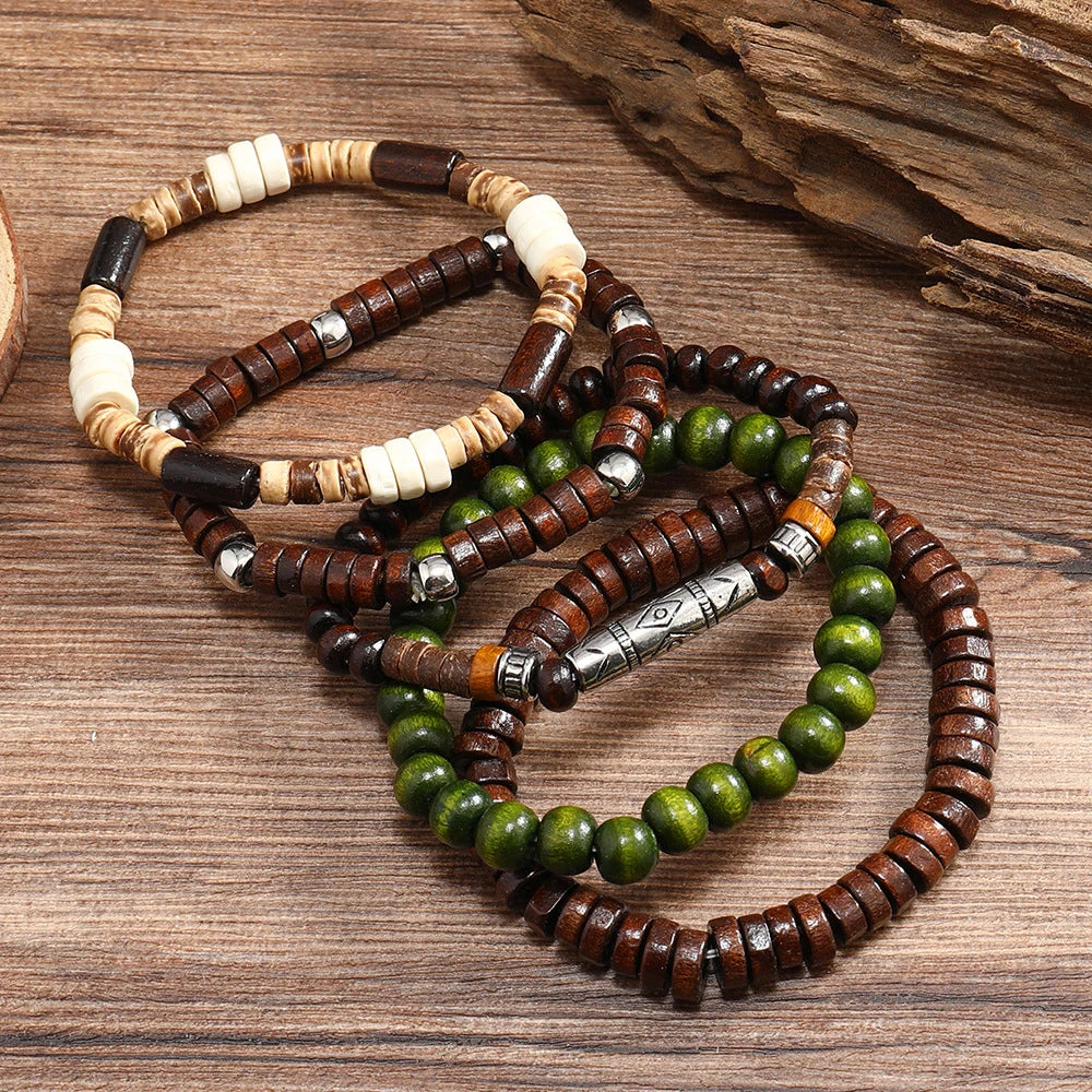 Retro men's multi-layered bracelet made with coconut shell, elastic cord, and wooden beads