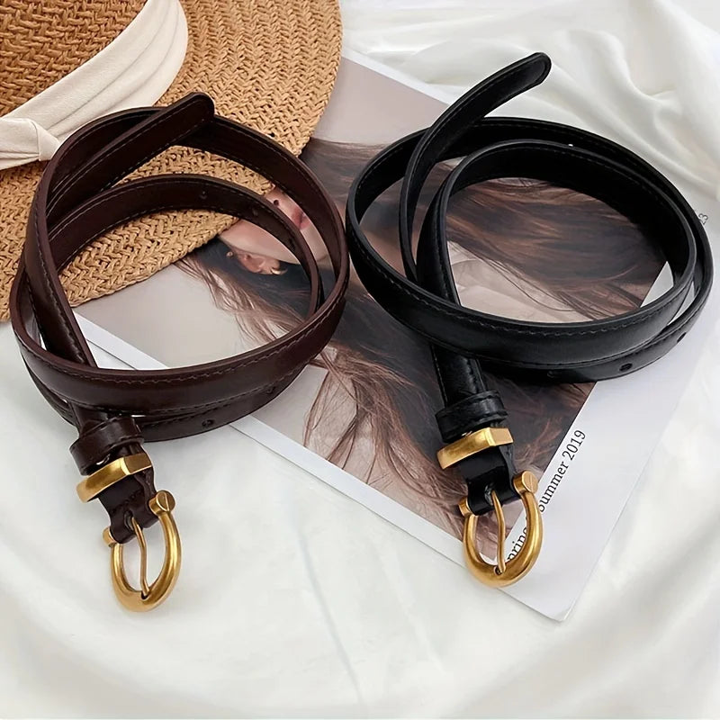 Women's casual vintage leather belt with classic oval buckle