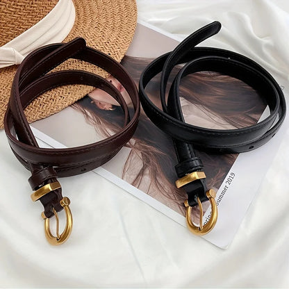 Women's casual vintage leather belt with classic oval buckle