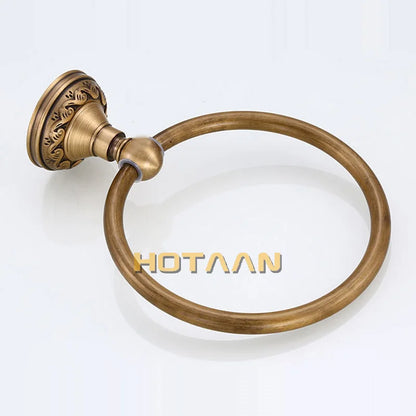 Round aluminum wall-mounted towel rack for bathrooms, with an antique brass finish.