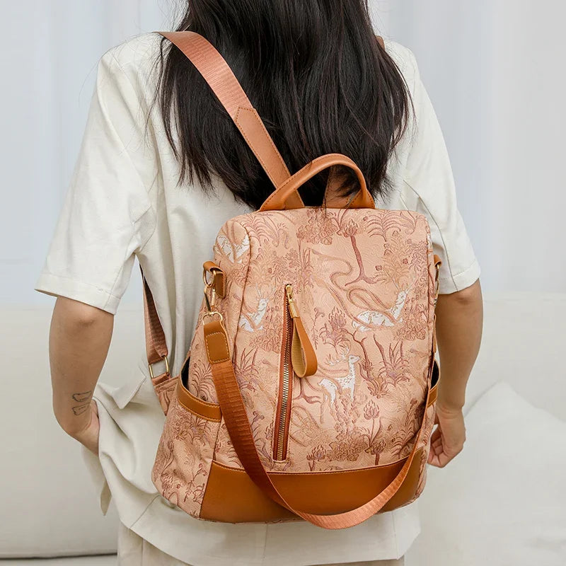 Women's Leather Backpack with Anti-Theft Design and Color-Blocking Style – Multifunctional with Large Capacity