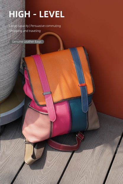 Women's Genuine Leather Backpack – Stylish, Spacious, and Featuring a Patchwork Design