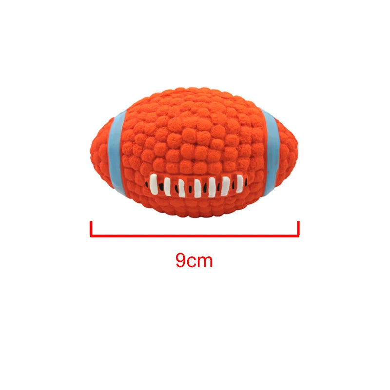 Soft latex ball with a squeaker for small and large dogs. Shaped like a game ball such as rugby, tennis, volleyball, soccer, and basketball. Engages your pet in play and helps clean their teeth