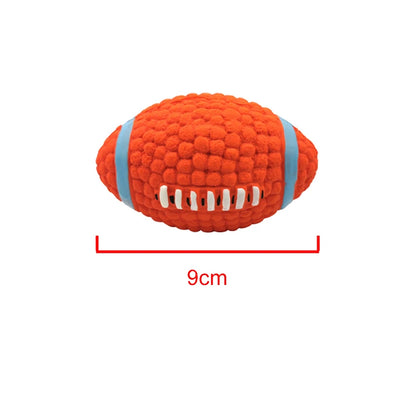 Soft latex ball with a squeaker for small and large dogs. Shaped like a game ball such as rugby, tennis, volleyball, soccer, and basketball. Engages your pet in play and helps clean their teeth