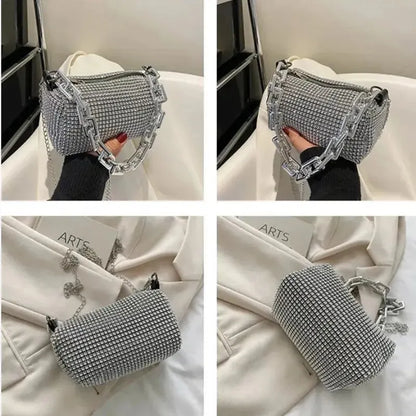 Small party bag with rhinestones all over, with a sparkly chain, crossbody style