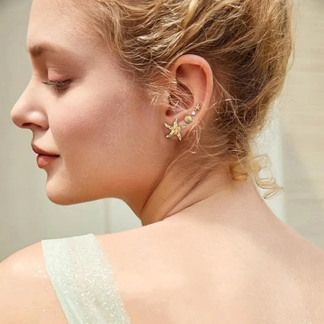 Set of 9 pairs of gold hoop earrings for women, open with hypoallergenic pearls