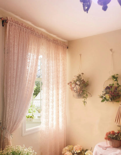 2PCS French Pink Lace Sheer Curtain For Luxurious Living Room, Princess Room