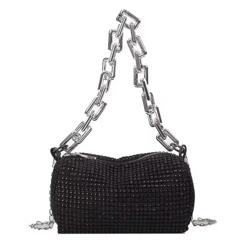 Small party bag with rhinestones all over, with a sparkly chain, crossbody style