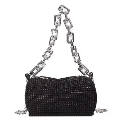 Small party bag with rhinestones all over, with a sparkly chain, crossbody style