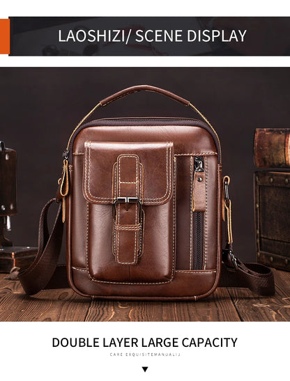Small and versatile vertical shoulder bag in genuine leather for men