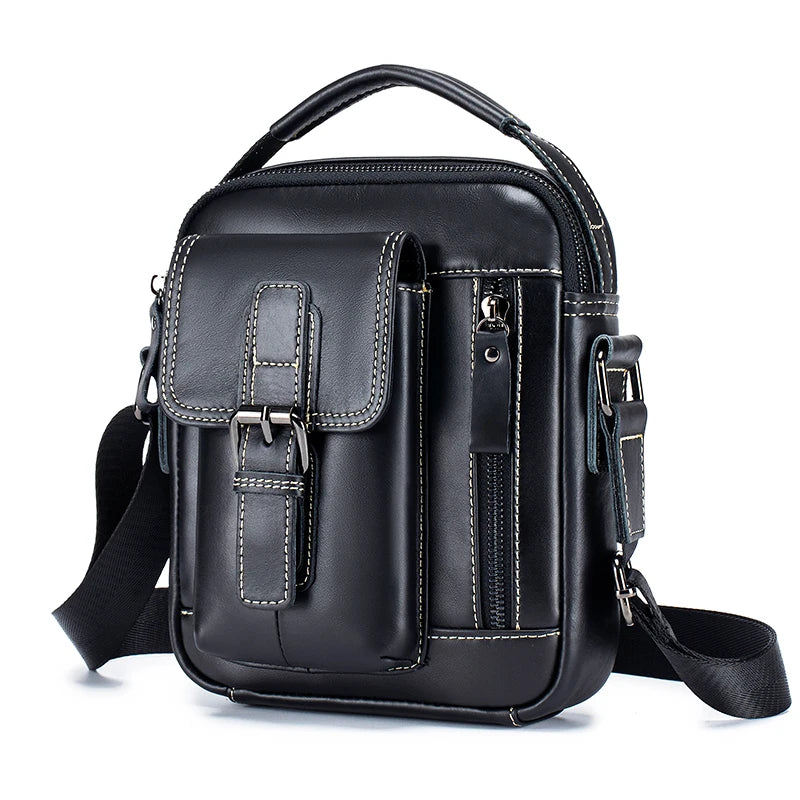 Small and versatile vertical shoulder bag in genuine leather for men