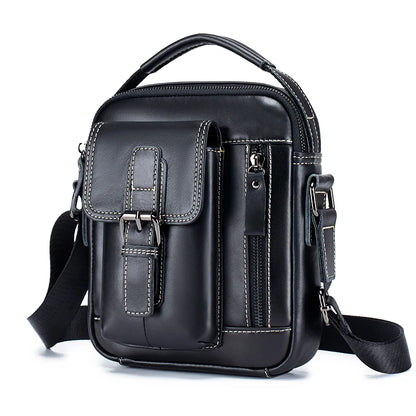 Small and versatile vertical shoulder bag in genuine leather for men