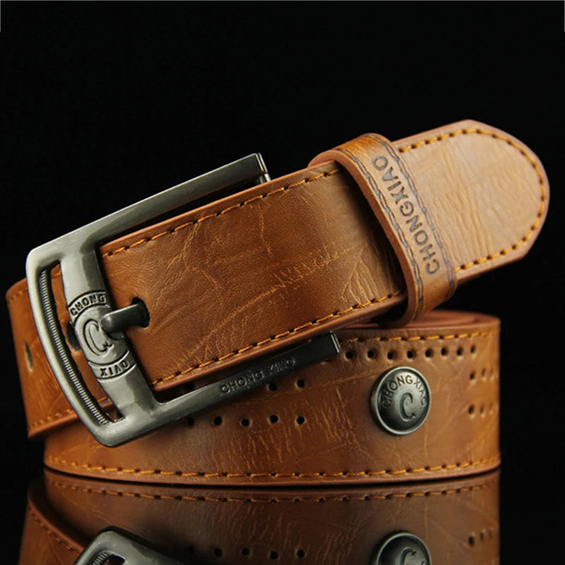 High-quality, casual and modern men's leather belt, wide with hollow rivets