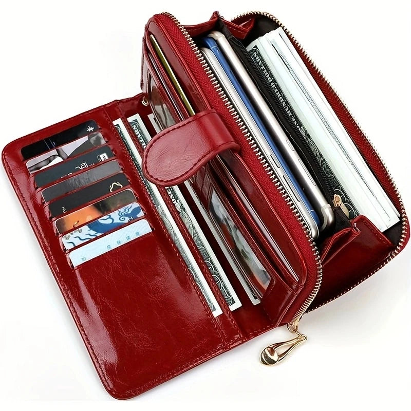 Women's leather wallet with coin and card compartments, available in a variety of colors.