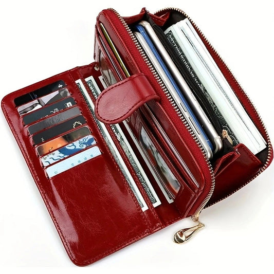 Women's leather wallet with coin and card compartments, available in a variety of colors.