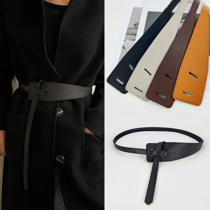 High-quality women's belt in soft leather with a knot, long and wide band, ideal for wearing with coats and dresses