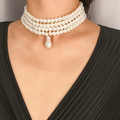 Sophisticated and elegant classic multi-strand choker necklace featuring round pearls and a pearl pendant, perfect for parties and other special occasions