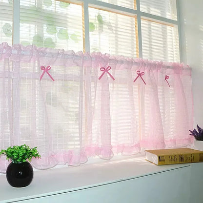 Short curtains made of pink checkered tulle and sheer voile for kitchen cabinets, doors, and windows.