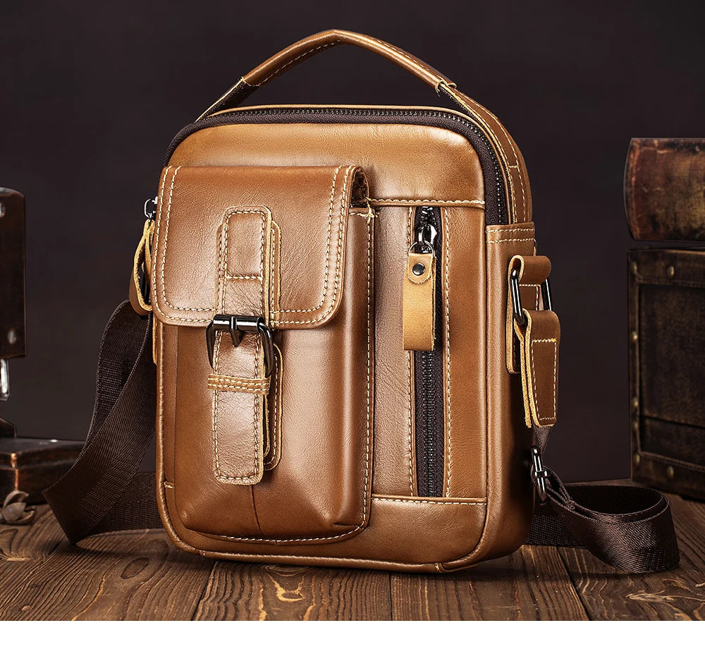 Small and versatile vertical shoulder bag in genuine leather for men