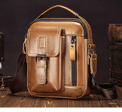 Small and versatile vertical shoulder bag in genuine leather for men
