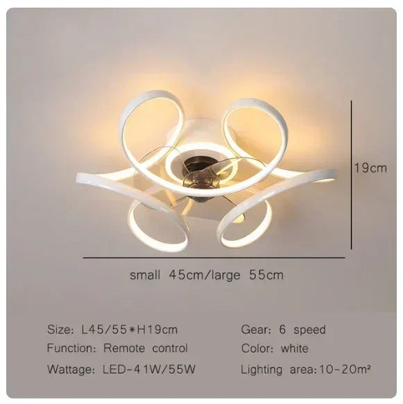 Smart Nordic ceiling fan with LED light, dimmable and silent, with remote control. Bedroom lighting