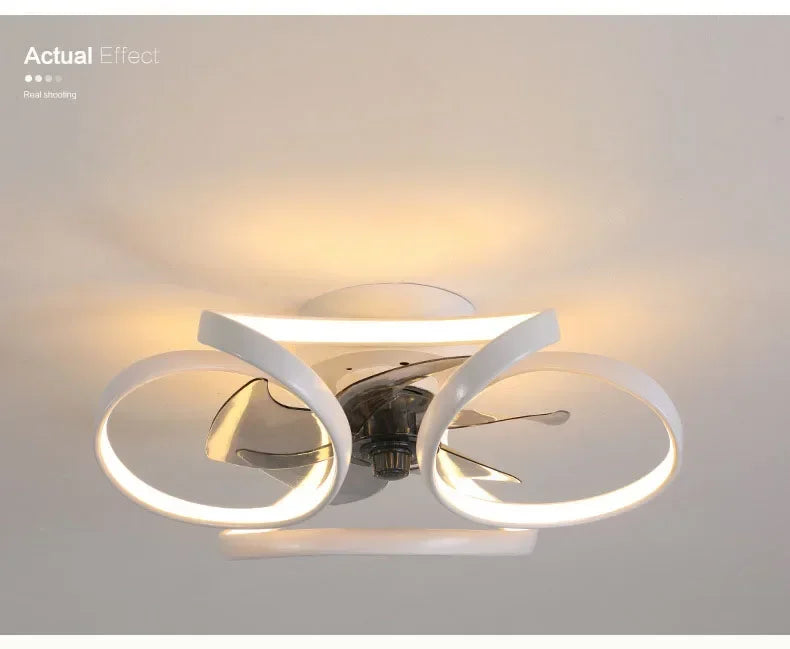 Smart Nordic ceiling fan with LED light, dimmable and silent, with remote control. Bedroom lighting