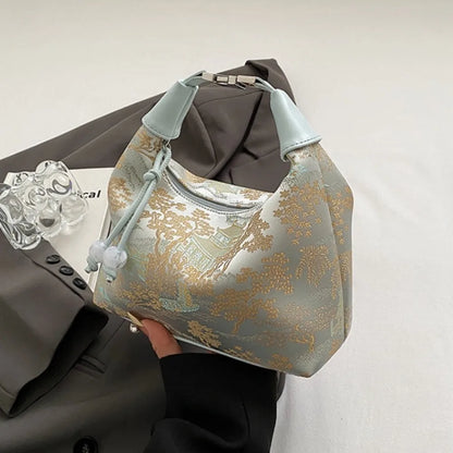 Women's embroidered handbag with zipper, made of silky fabric, adjustable strap