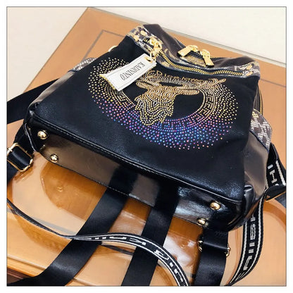 Stylish, modern, and beautiful women's backpack in soft leather with a sparkling rhinestone print